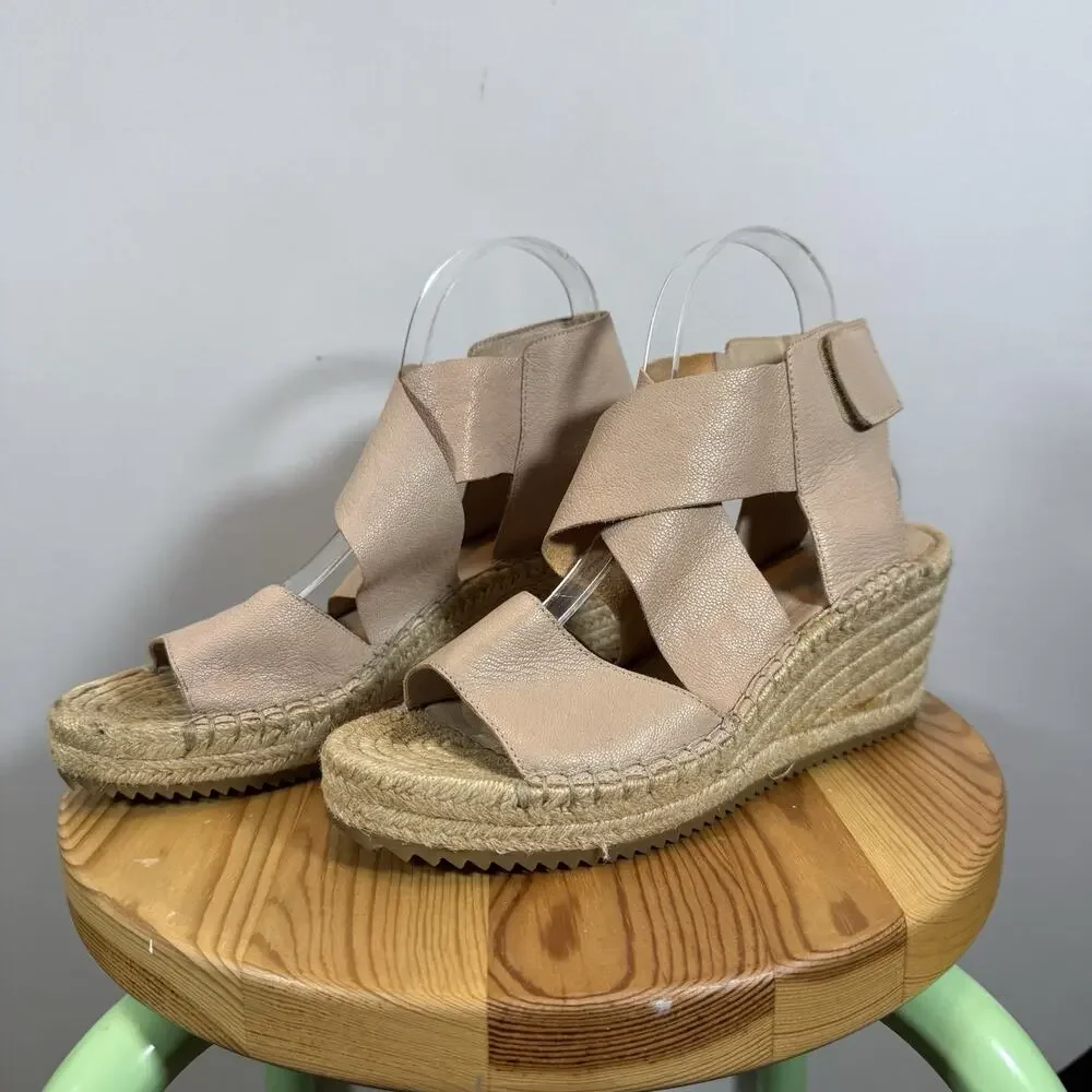 Eileen Fisher Beige pink Leather Espadrille Wedge Sandals